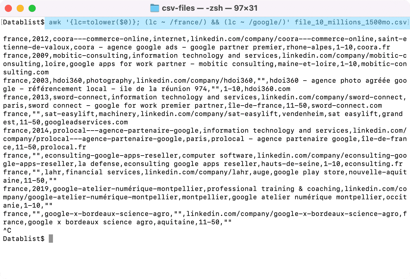 Search CSV for all keywords