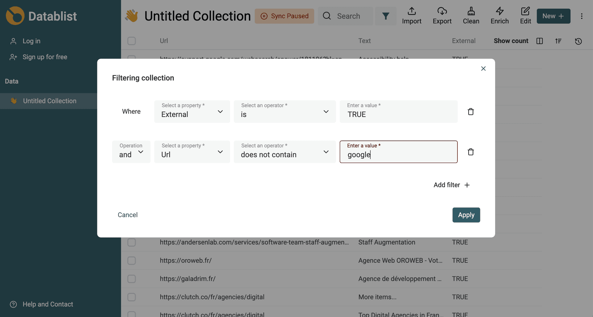 Filter URLs outside Google